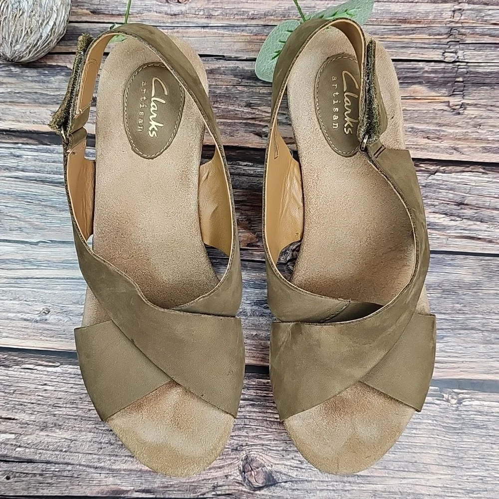 CLARKS ARTISAN SUEDE WEDGE CORK HEEL SLINGBACK SANDAL